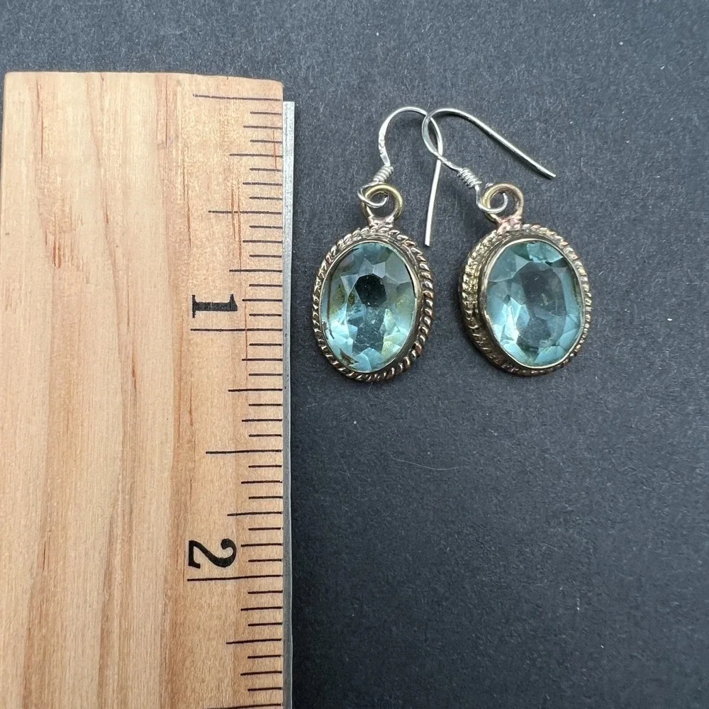 Womens Dangle Earrings Blue‎ Faceted Glass Mixed Metal Vintage Boho Artisanal